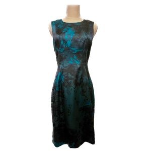 Elie Tahari fitted silk dress, black and turquoise-blue flowers, Size 2